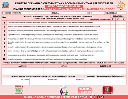 REGISTRO DE EVALUACIÓN FORMATIVA Y ACOMPAÑAMIENTO AL APRENDIZAJE EN SEXTO GRADO DE PRIMARIA En PDF
