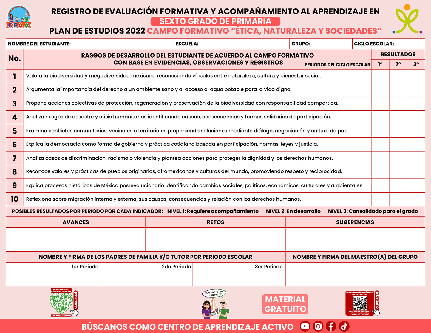 REGISTRO DE EVALUACIÓN FORMATIVA Y ACOMPAÑAMIENTO AL APRENDIZAJE EN SEXTO GRADO DE PRIMARIA En PDF