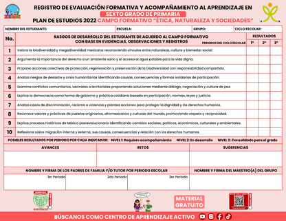 REGISTRO DE EVALUACIÓN FORMATIVA Y ACOMPAÑAMIENTO AL APRENDIZAJE EN SEXTO GRADO DE PRIMARIA En PDF
