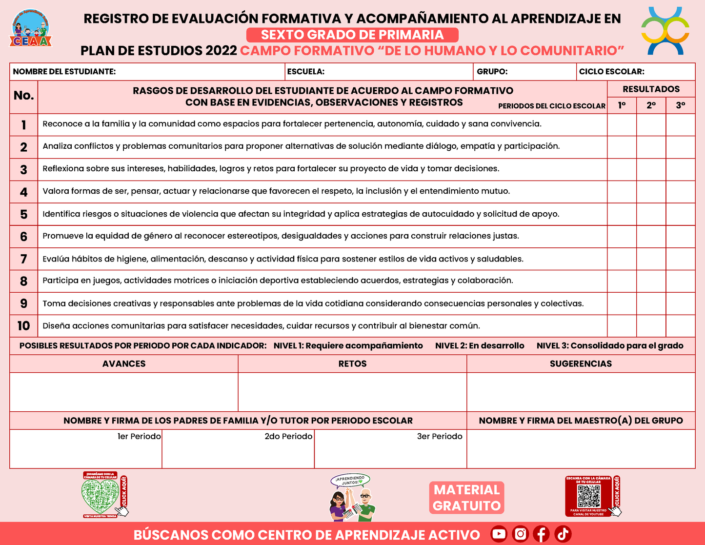 REGISTRO DE EVALUACIÓN FORMATIVA Y ACOMPAÑAMIENTO AL APRENDIZAJE EN SEXTO GRADO DE PRIMARIA En PDF