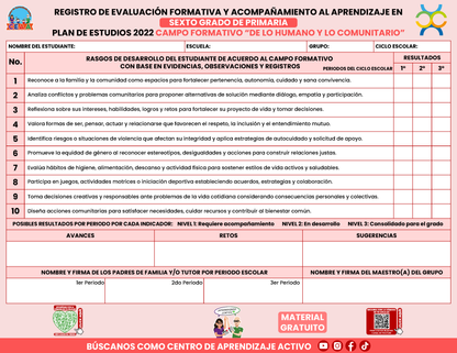 REGISTRO DE EVALUACIÓN FORMATIVA Y ACOMPAÑAMIENTO AL APRENDIZAJE EN SEXTO GRADO DE PRIMARIA En PDF