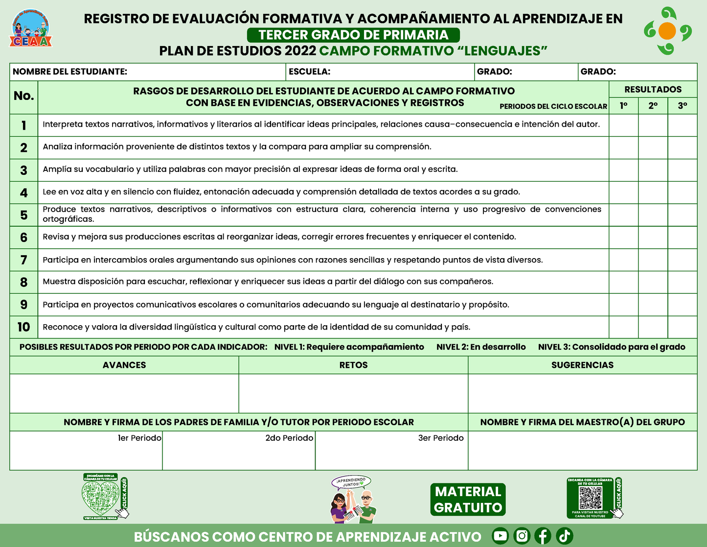 REGISTRO DE EVALUACIÓN FORMATIVA Y ACOMPAÑAMIENTO AL APRENDIZAJE EN TERCER GRADO DE PRIMARIA en PDF