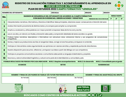 REGISTRO DE EVALUACIÓN FORMATIVA Y ACOMPAÑAMIENTO AL APRENDIZAJE EN TERCER GRADO DE PRIMARIA En PDF