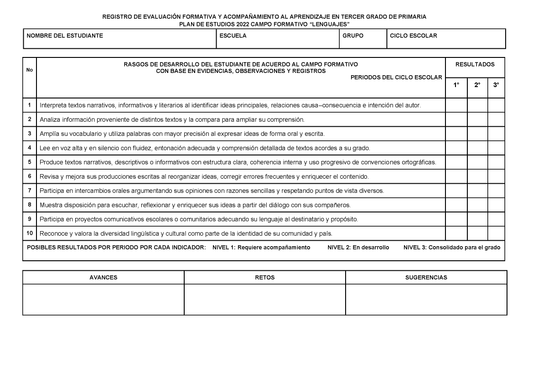 REGISTRO DE EVALUACIÓN FORMATIVA Y ACOMPAÑAMIENTO AL APRENDIZAJE EN TERCER GRADO DE PRIMARIA (Editable en Word)