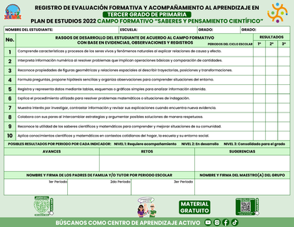 REGISTRO DE EVALUACIÓN FORMATIVA Y ACOMPAÑAMIENTO AL APRENDIZAJE EN TERCER GRADO DE PRIMARIA en PDF