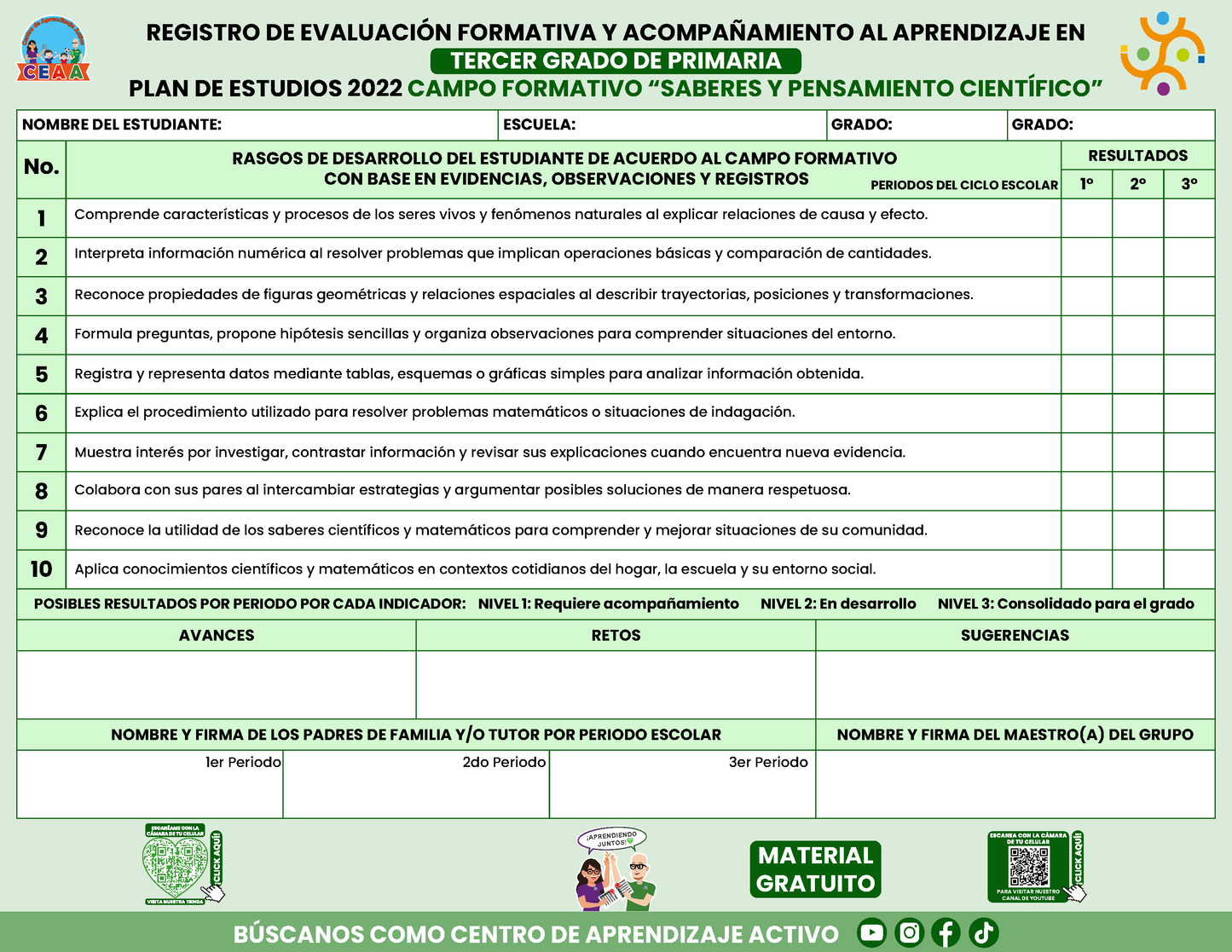 REGISTRO DE EVALUACIÓN FORMATIVA Y ACOMPAÑAMIENTO AL APRENDIZAJE EN TERCER GRADO DE PRIMARIA En PDF