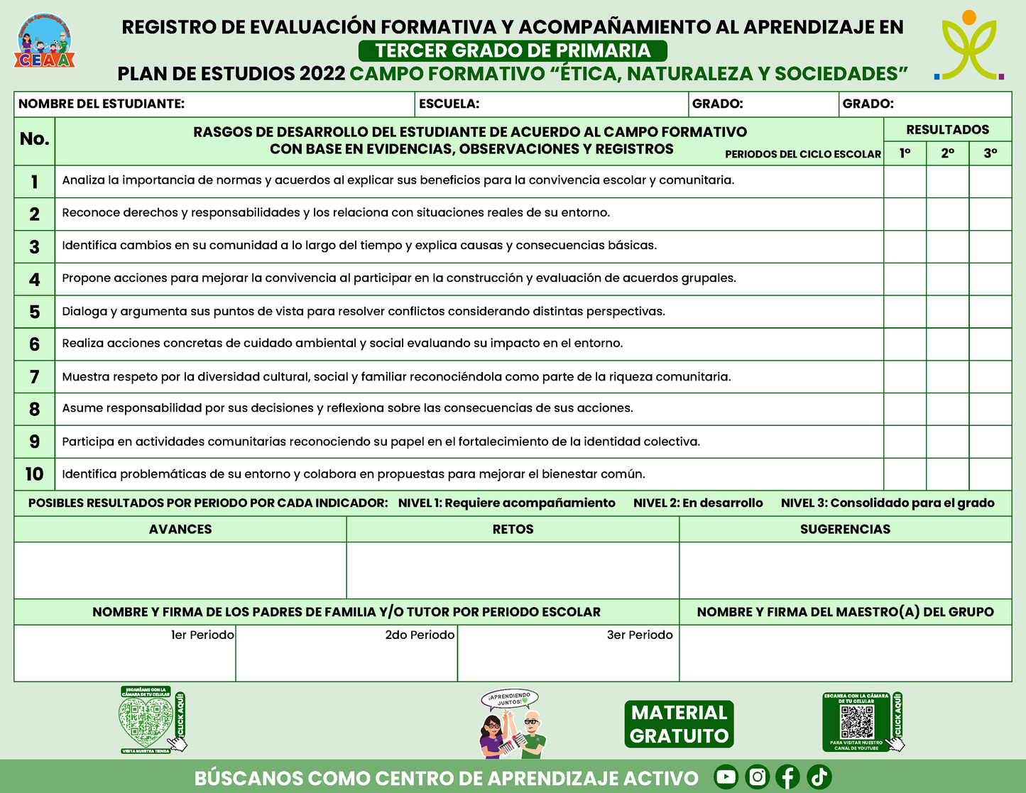 REGISTRO DE EVALUACIÓN FORMATIVA Y ACOMPAÑAMIENTO AL APRENDIZAJE EN TERCER GRADO DE PRIMARIA En PDF