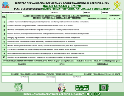 REGISTRO DE EVALUACIÓN FORMATIVA Y ACOMPAÑAMIENTO AL APRENDIZAJE EN TERCER GRADO DE PRIMARIA En PDF