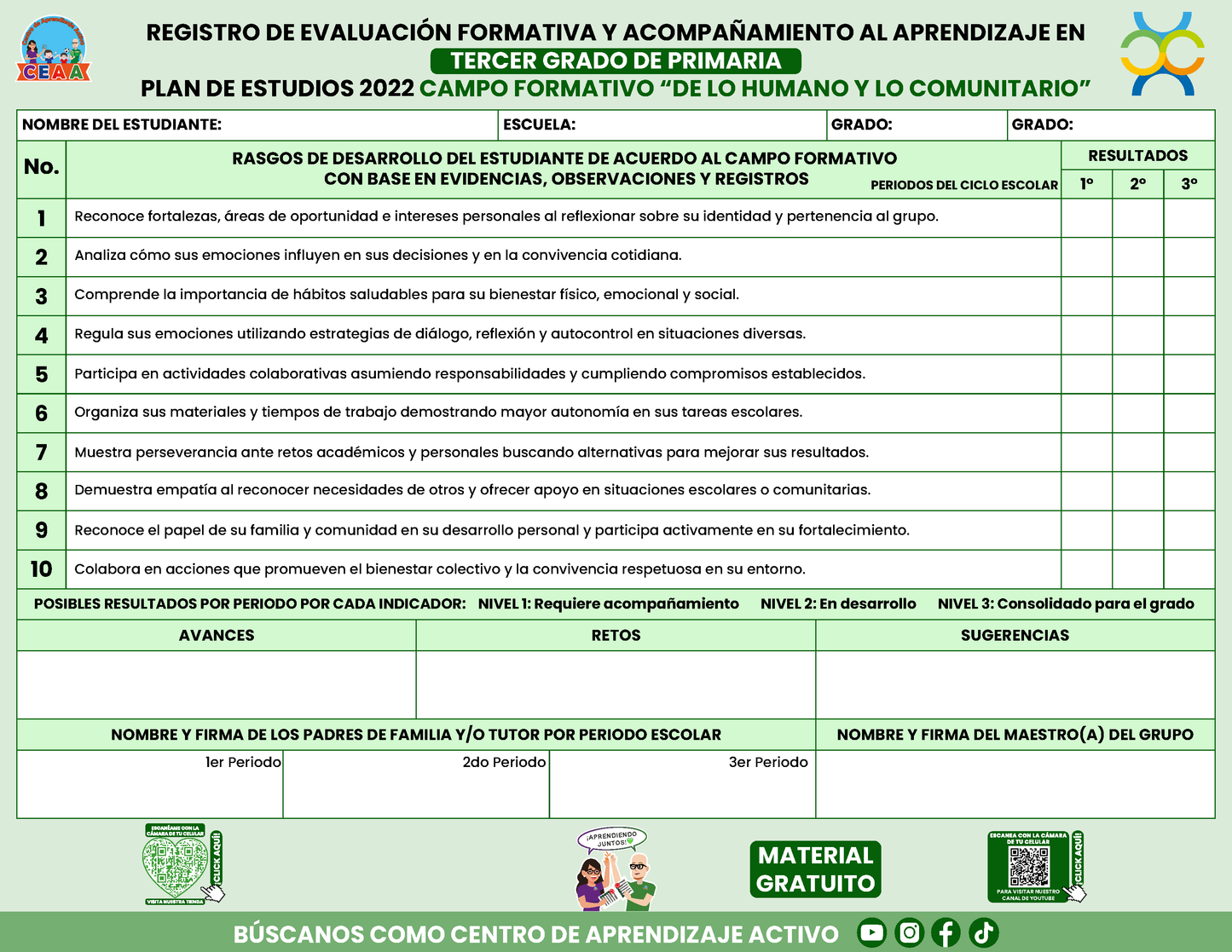 REGISTRO DE EVALUACIÓN FORMATIVA Y ACOMPAÑAMIENTO AL APRENDIZAJE EN TERCER GRADO DE PRIMARIA en PDF