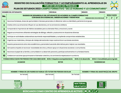 REGISTRO DE EVALUACIÓN FORMATIVA Y ACOMPAÑAMIENTO AL APRENDIZAJE EN TERCER GRADO DE PRIMARIA en PDF