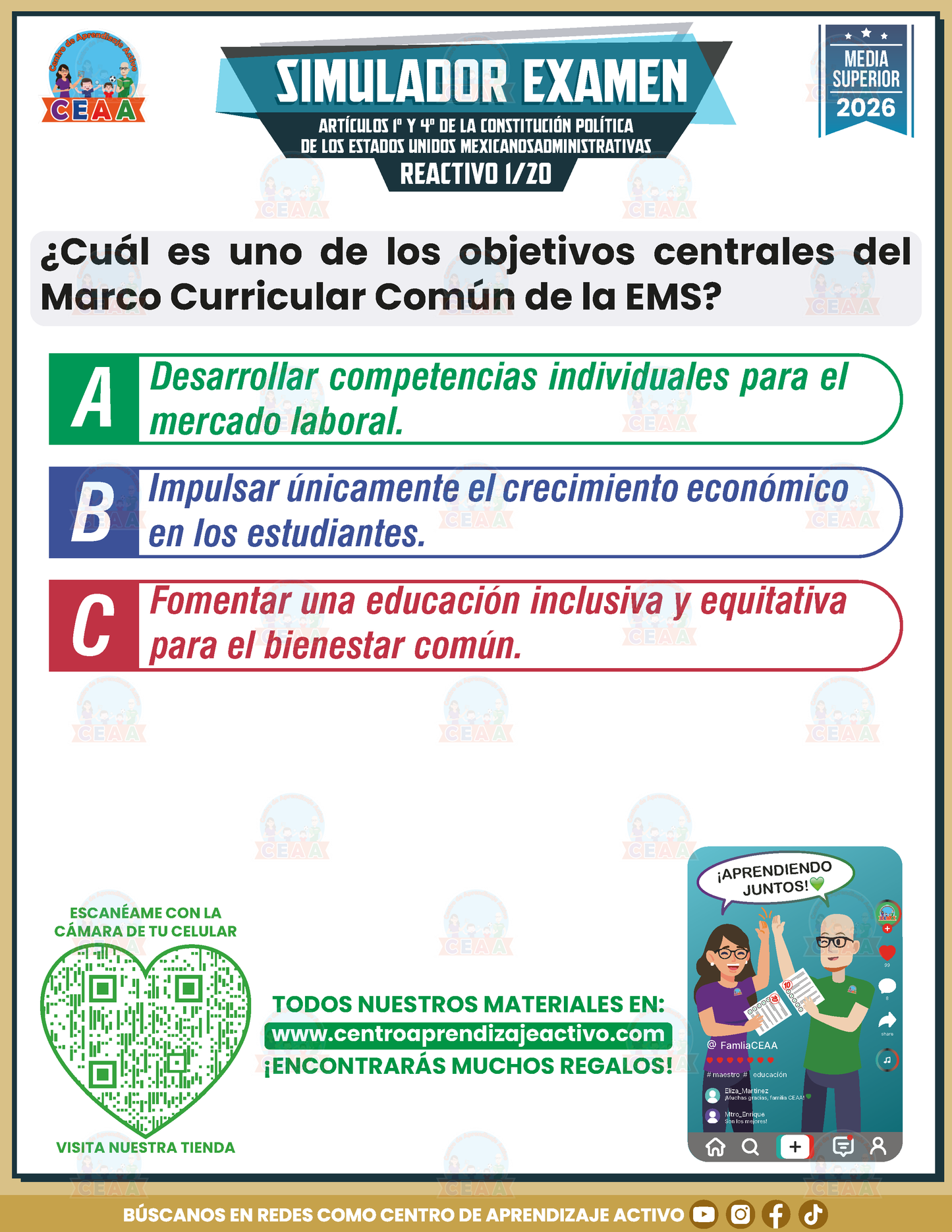 Simulador de Examen - REDISEÑO DEL MARCO CURRICULAR COMÚN DE LA EDUCACIÓN MEDIA SUPERIOR (MCCEMS) - Media Superior