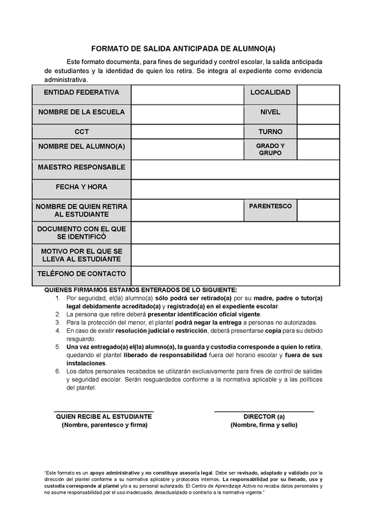 FORMATO SALIDA ANTICIPADA DE LOS ESTUDIANTES (Editable en Word)