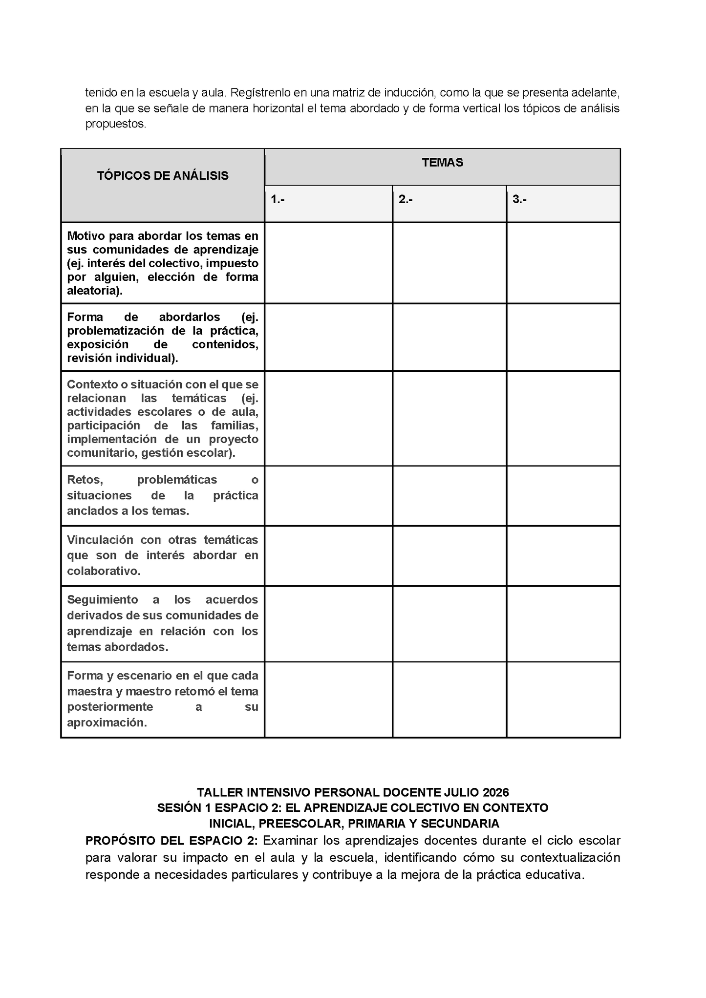 Formato de Productos para tu Taller Intensivo Sesión 1 Espacios 1 y 2 Julio 2026 editable en Word