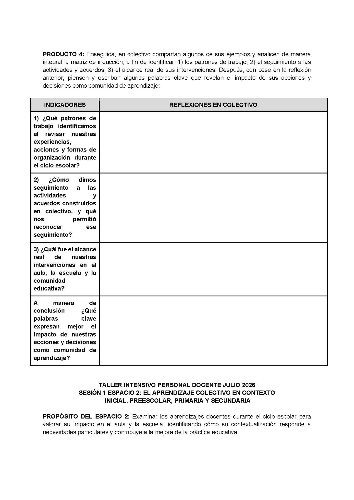 Formato de Productos para tu Taller Intensivo Sesión 1 Espacios 1 y 2 Julio 2026 editable en Word