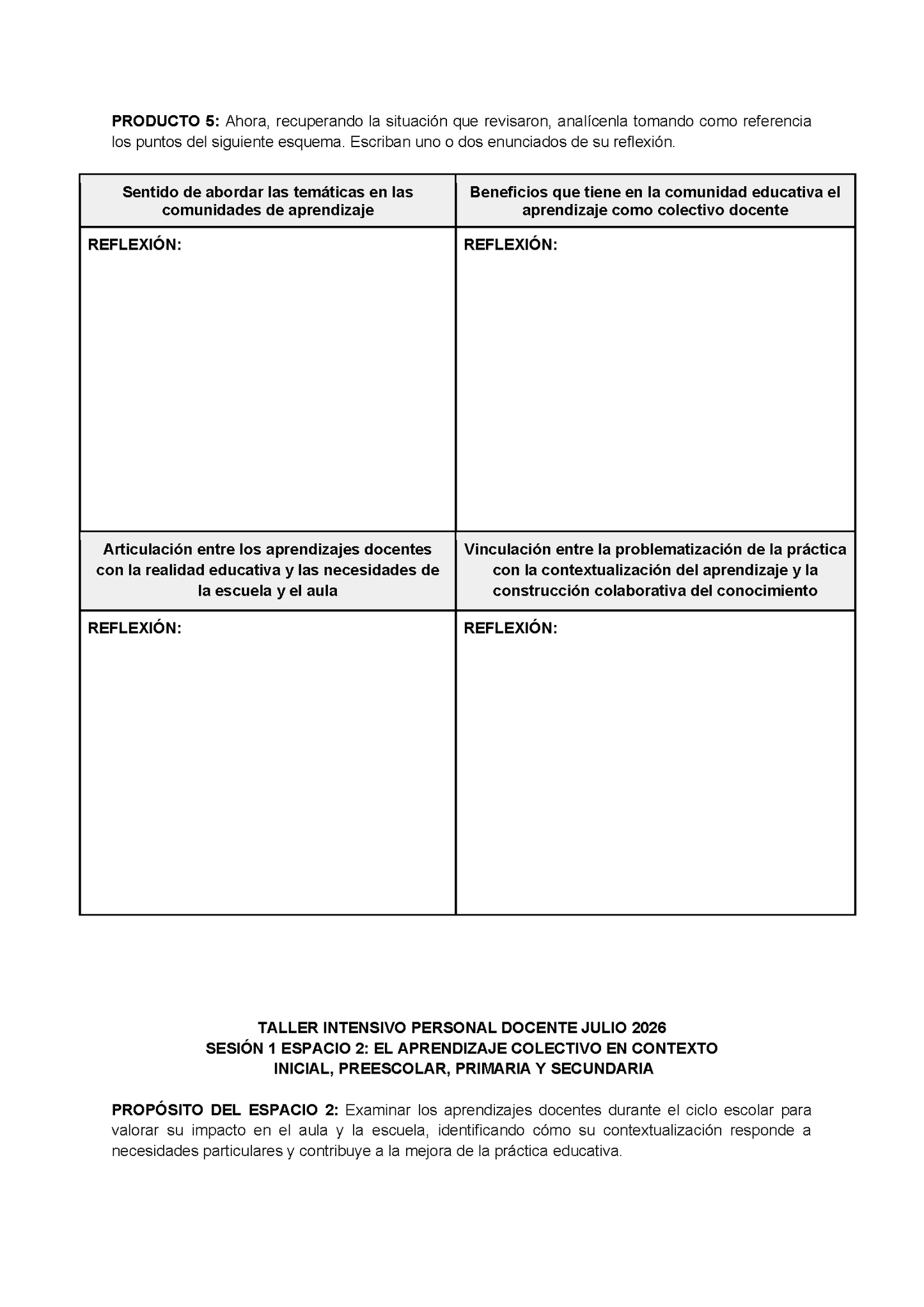 Formato de Productos para tu Taller Intensivo Sesión 1 Espacios 1 y 2 Julio 2026 editable en Word