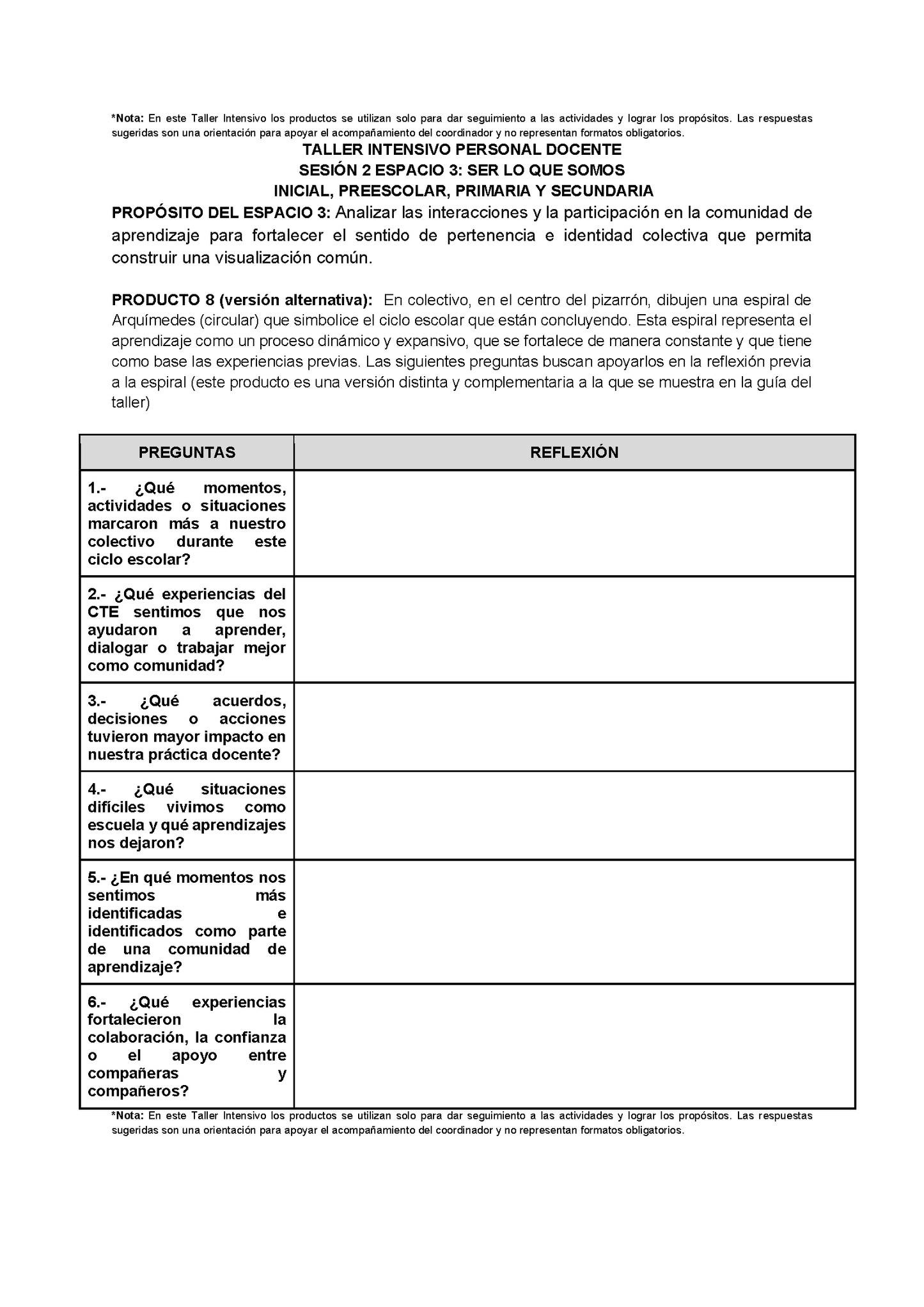 Formato de Productos para tu Taller Intensivo Sesión 2 Espacios 3 y 4 Julio 2026 editable en Word