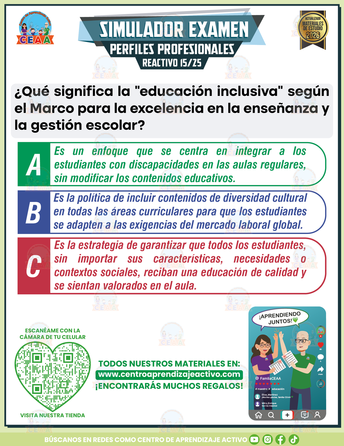 Simulador de Examen - Perfiles Profesionales, Criterios e Indicadores para el Personal Docente, Técnico Docente, de Asesoría Técnica Pedagógica, Directivo y de Supervisión Escolar en PDF