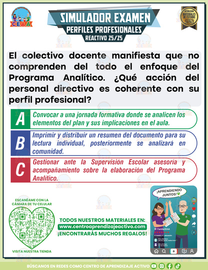 Simulador de Examen - Perfiles Profesionales, Criterios e Indicadores para el Personal Docente, Técnico Docente, de Asesoría Técnica Pedagógica, Directivo y de Supervisión Escolar en PDF