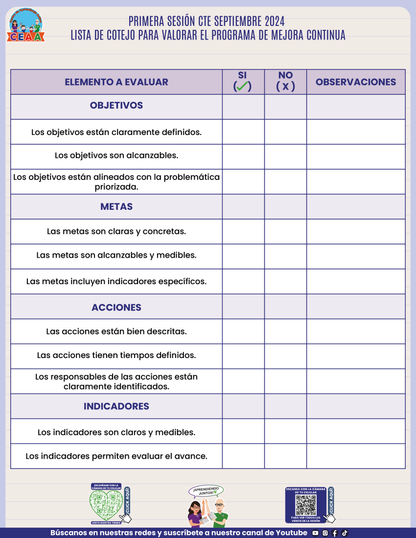 LISTA DE COTEJO PARA VALORAR EL PROGRAMA DE MEJORA CONTINUA PRIMERA SESIÓN CTE SEPTIEMBRE 2024 EN PDF