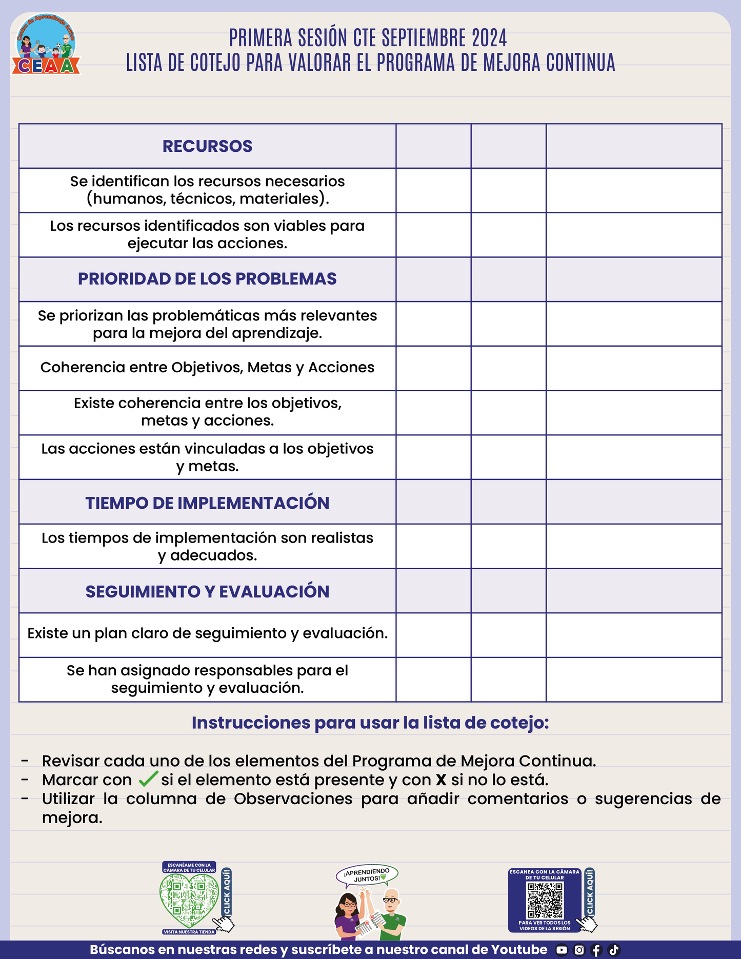 LISTA DE COTEJO PARA VALORAR EL PROGRAMA DE MEJORA CONTINUA PRIMERA SESIÓN CTE SEPTIEMBRE 2024 EN PDF