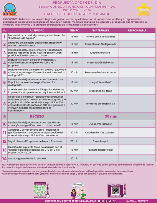 ⭐ Propuesta Orden Del Día CTE Multigrado Tema 5: GESTIÓN ESCOLAR MULTIGRADO (Material recuperado 25/26) en PDF