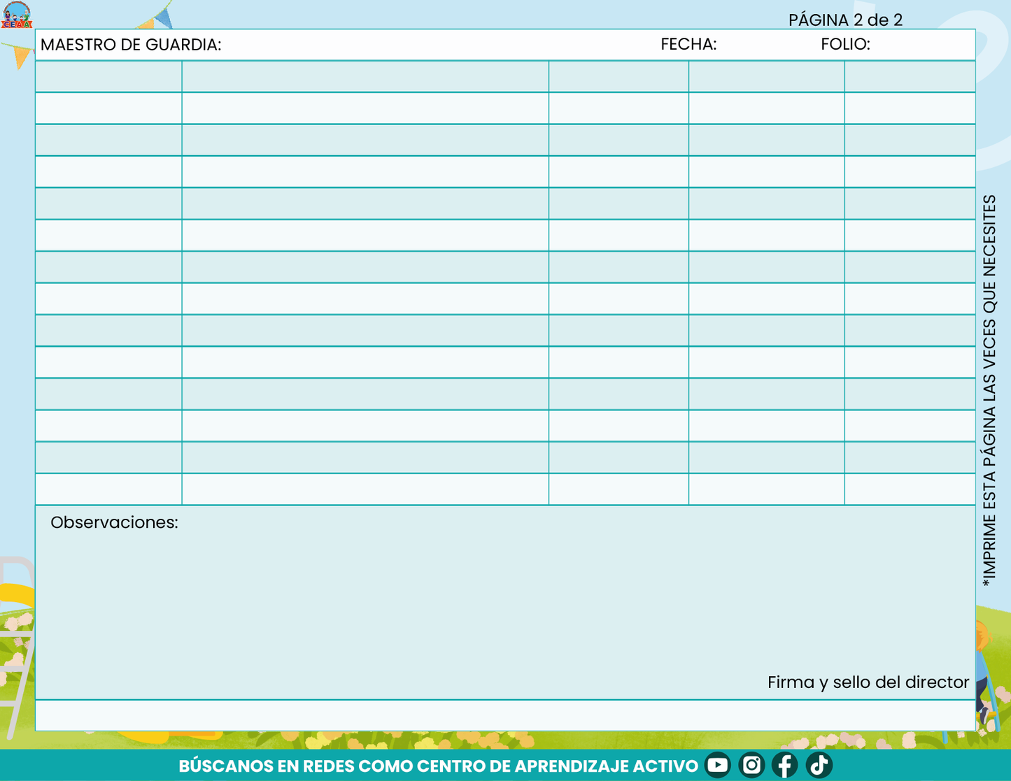 Libro de Asistencia del Personal de la Escuela en PDF