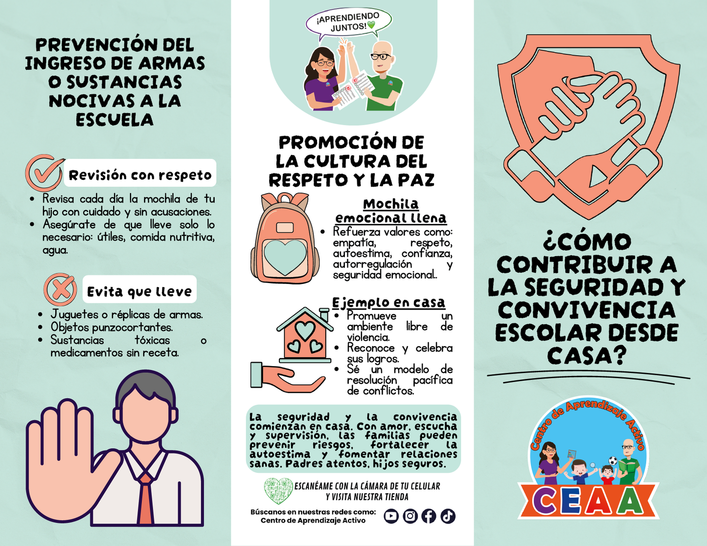 Tríptico ¿CÓMO CONTRIBUIR A LA SEGURIDAD Y CONVIVENCIA ESCOLAR DESDE CASA? en PDF