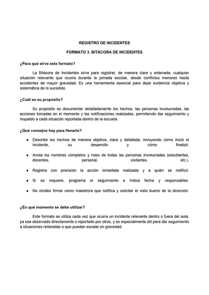 BITÁCORA PARA LA PREVENCIÓN, REGISTRO Y ATENCIÓN DE INCIDENCIAS Y ACOSO ESCOLAR (Editable en Word, se incluye en el paquete del tema 3 y 4)