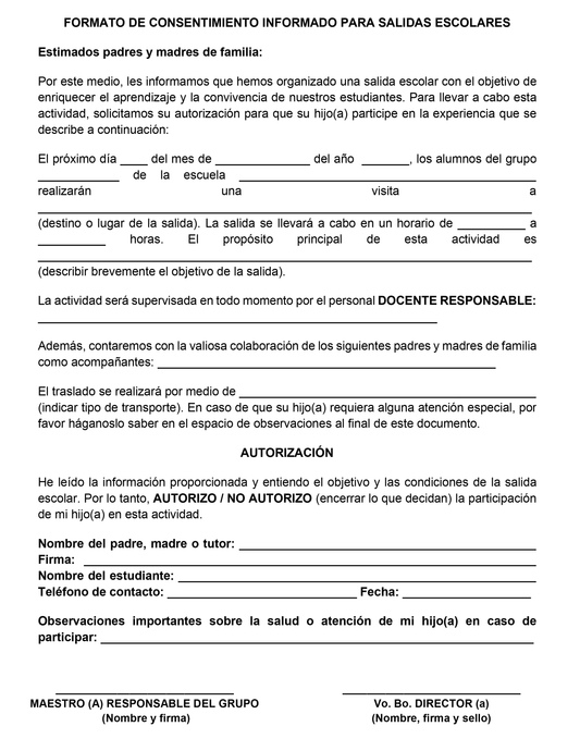 Formato de Consentimiento Informado para Salidas Escolares (Editable en Word)