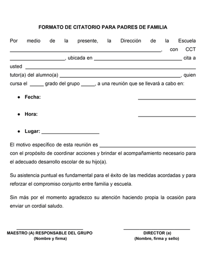 Formato de Citatorio para Padres de Familia (Editable en Word)