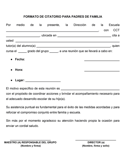 Formato de Citatorio para Padres de Familia (Editable en Word)
