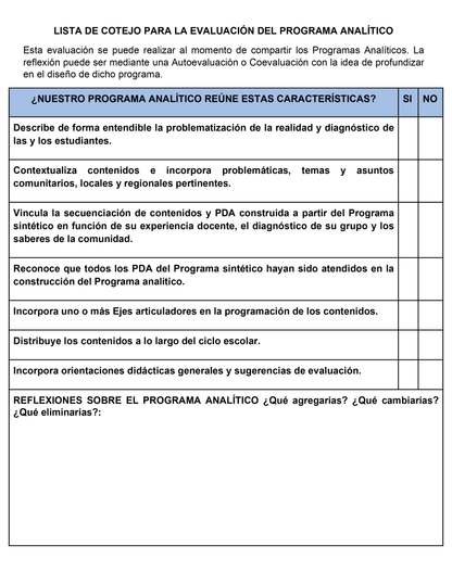LISTA DE COTEJO PARA LA EVALUACIÓN DEL PROGRAMA ANALÍTICO (Editable en Word)