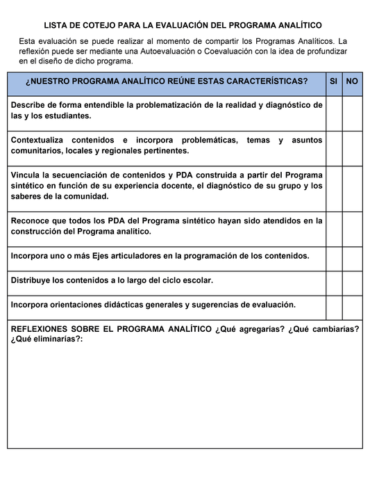 LISTA DE COTEJO PARA LA EVALUACIÓN DEL PROGRAMA ANALÍTICO (Editable en Word)