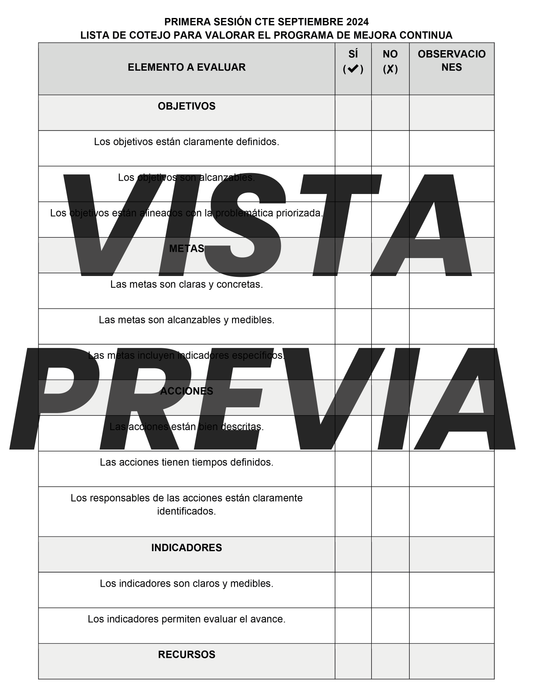 LISTA DE COTEJO PARA VALORAR EL PROGRAMA DE MEJORA CONTINUA