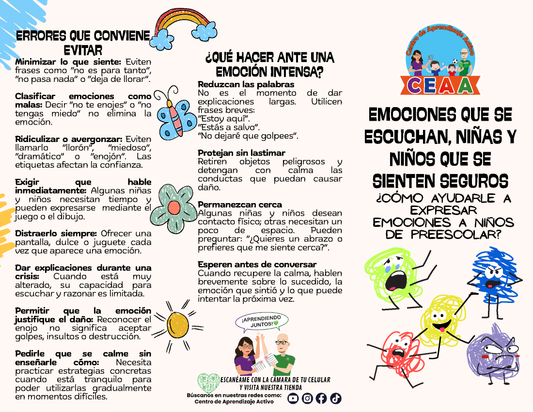Tríptico EMOCIONES QUE SE ESCUCHAN, NIÑAS Y NIÑOS QUE SE SIENTEN SEGUROS - ¿CÓMO AYUDARLE A EXPRESAR EMOCIONES A NIÑOS DE PREESCOLAR? en PDF