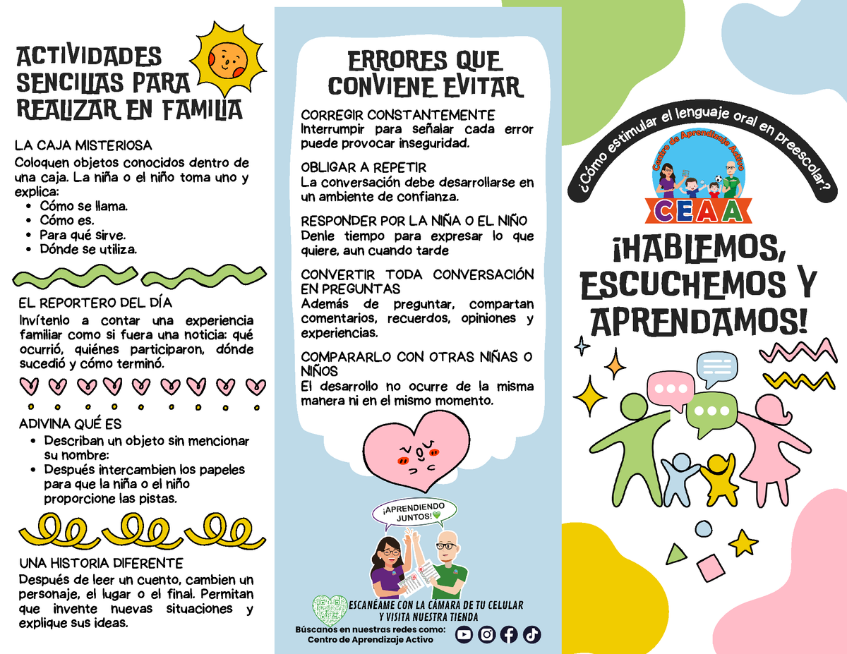 Tríptico ¿Cómo estimular el lenguaje oral en preescolar? - ¡HABLEMOS, ESCUCHEMOS Y APRENDAMOS! en PDF
