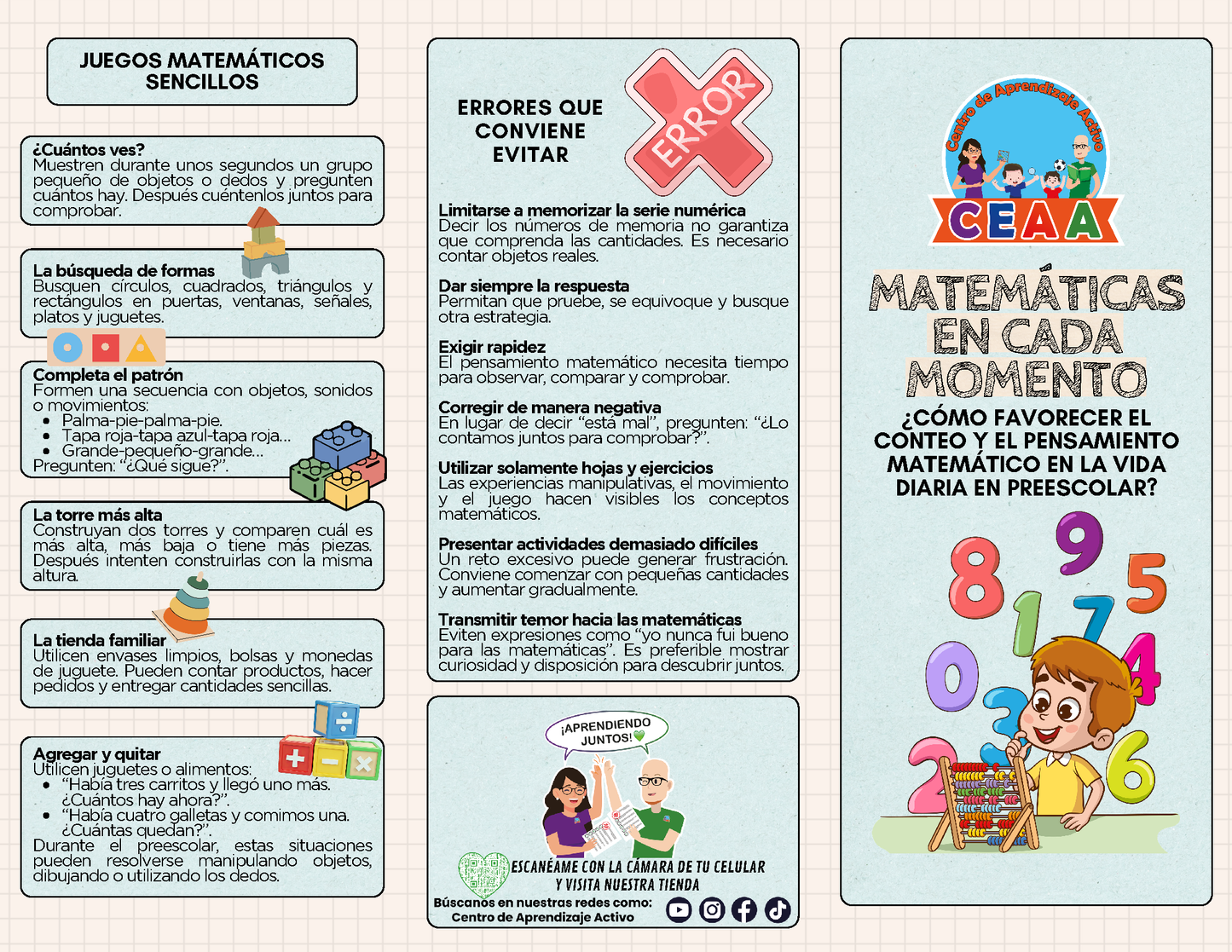 Tríptico MATEMÁTICAS EN CADA MOMENTO - ¿CÓMO FAVORECER EL CONTEO Y EL PENSAMIENTO MATEMÁTICO EN LA VIDA DIARIA EN PREESCOLAR? en PDF