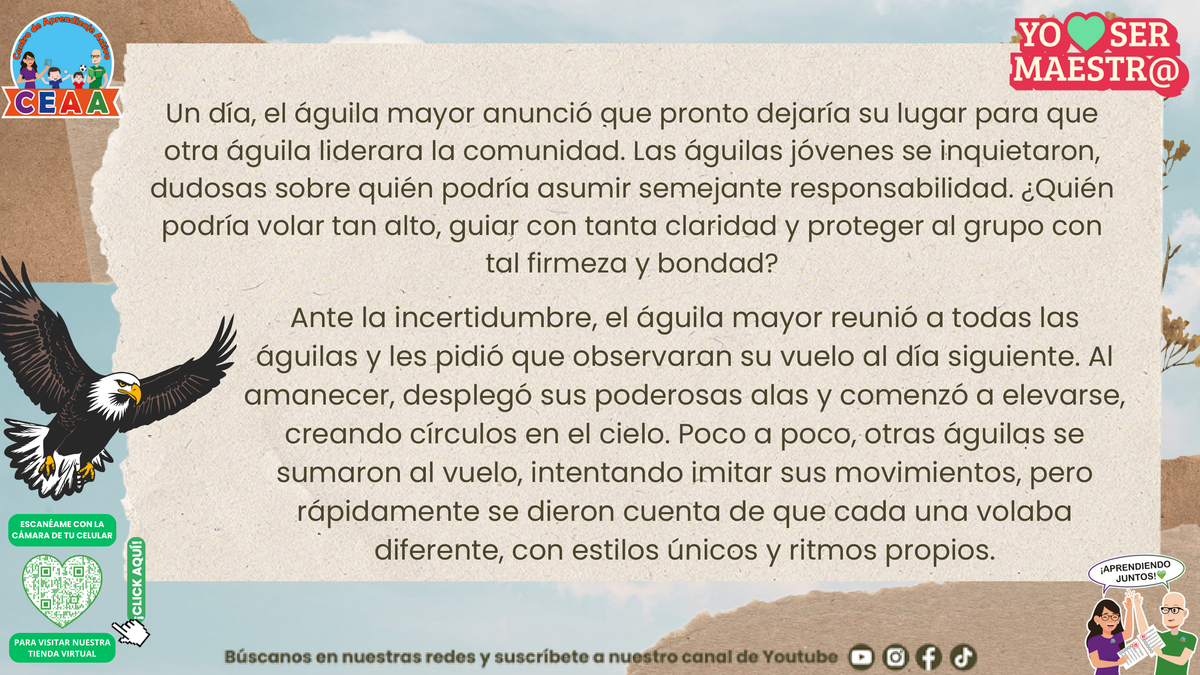 Las águilas observan a su líder y descubren diferentes formas de volar; página 5.