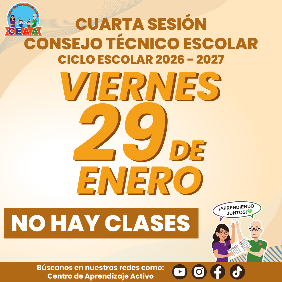 Aviso de no hay clases por la cuarta sesión del CTE: viernes 29 de enero de 2027, ciclo 2026-2027.