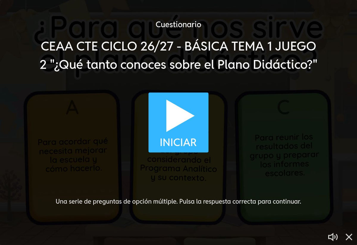 EB1, juego 2: Pantalla de inicio de ¿Qué tanto conoces sobre el plano didáctico?, con botón Iniciar