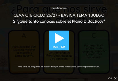 EB1, juego 2: Pantalla de inicio de ¿Qué tanto conoces sobre el plano didáctico?, con botón Iniciar