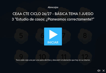 EB1, juego 3: Pantalla de inicio de Estudio de casos: ¿Planeamos correctamente?, con botón Iniciar