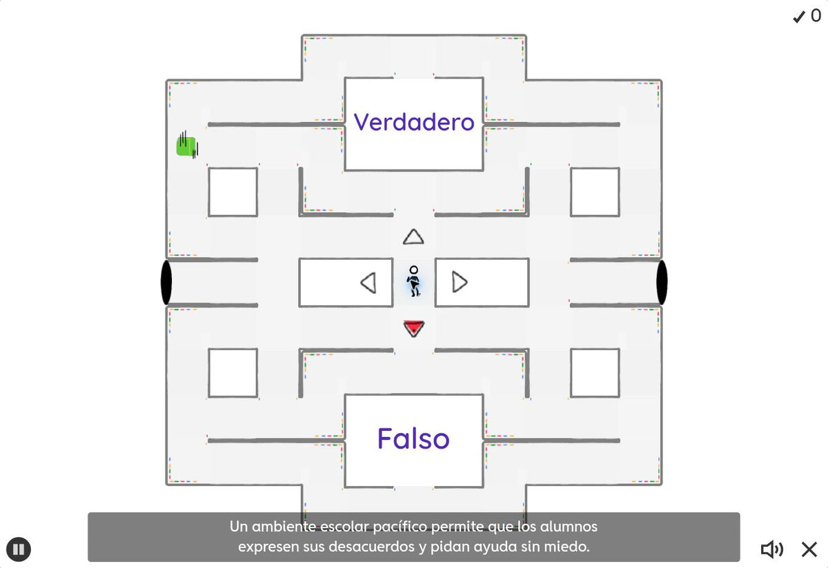Juego 2 de Básica Tema 2. Laberinto con opciones Verdadero y Falso y la afirmación sobre expresar desacuerdos y pedir ayuda sin miedo.