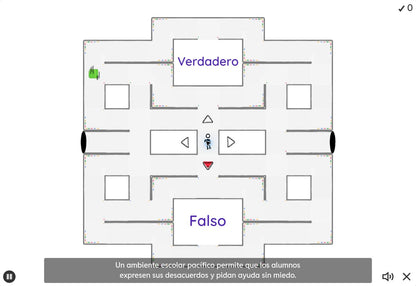 Juego 2 de Básica Tema 2. Laberinto con opciones Verdadero y Falso y la afirmación sobre expresar desacuerdos y pedir ayuda sin miedo.