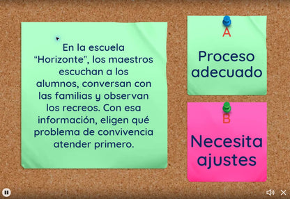 EB2, juego 3: Caso de la escuela Horizonte sobre escuchar a alumnos y familias para mejorar la convivencia con dos opciones