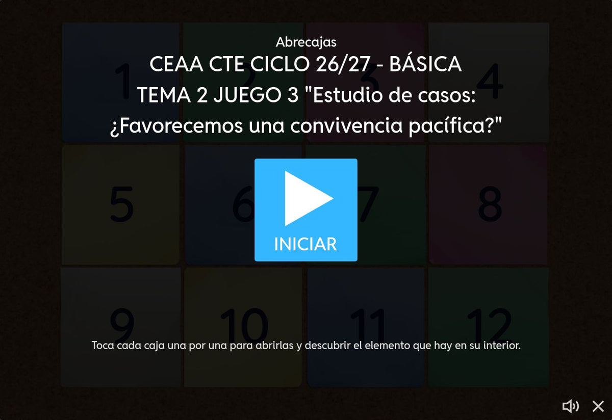 EB2, juego 3: Pantalla de inicio de Estudio de casos: ¿Favorecemos una convivencia pacífica?, con botón Iniciar