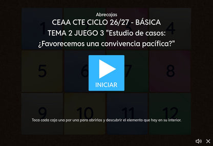 EB2, juego 3: Pantalla de inicio de Estudio de casos: ¿Favorecemos una convivencia pacífica?, con botón Iniciar