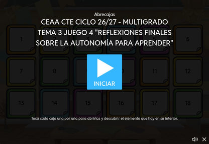 Juego 4 de Multigrado Tema 3: Reflexiones finales sobre la autonomía para aprender. Pantalla de inicio de Abrecajas en Wordwall.
