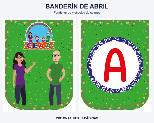 Vista previa del banderín de abril, diseño fondo verde y círculos de colores: portada y primera letra del mes.