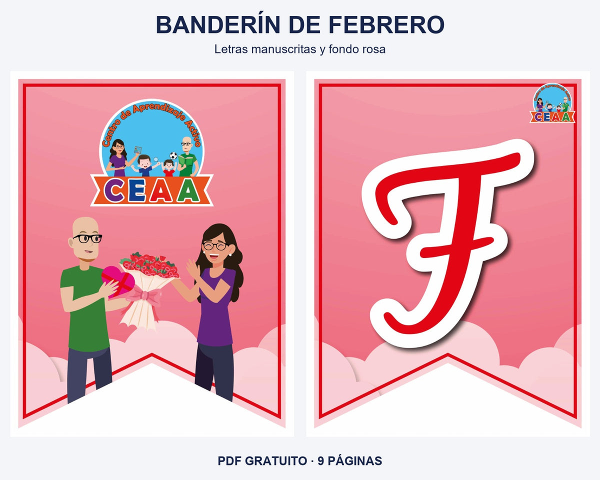 Vista previa del banderín de febrero, diseño letras manuscritas y fondo rosa: portada y primera letra del mes.